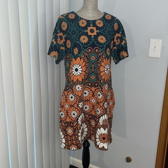 Anthropologie Maeve Floral Shift Mini Dress Mod Blue Green Size Large NWOT - Picture 2 of 9